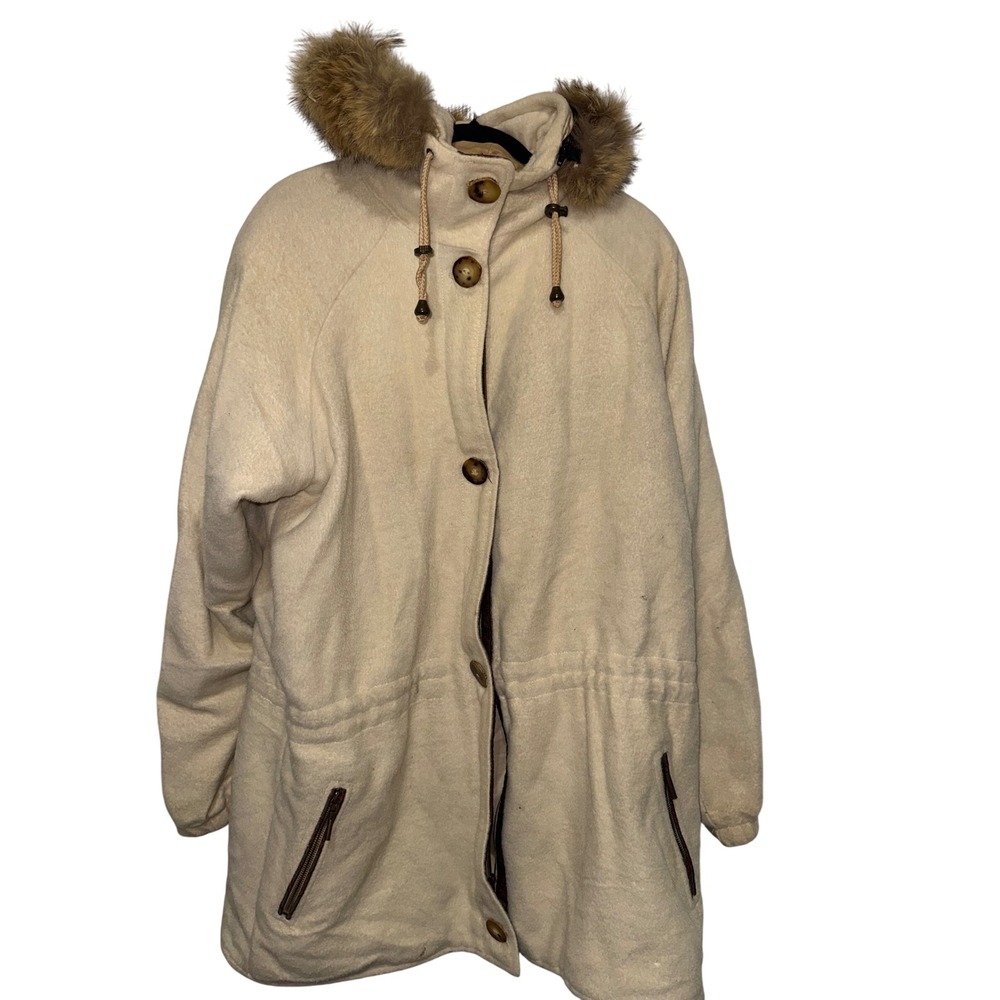 VTG Illimani Peru Alpaca Wool‎ Coat XL  Hooded Parka Coyote Fur Trim USA AS IS
